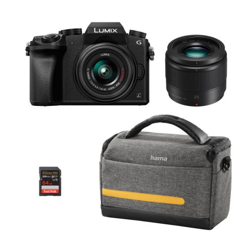 Panasonic Lumix G7 +14-42mm f/3.5-5.6 + 25mm f/1.7 + Sandisk 64GB SDXC + Hama Terra 135 szett